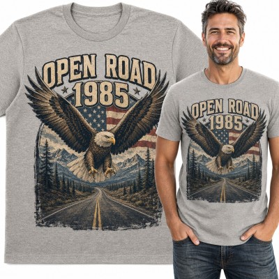 Koszulka męska z orłem nad górską drogą „Open Road 1985”