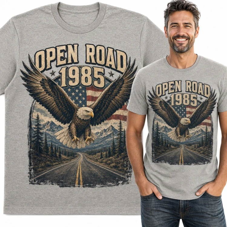 Koszulka męska z orłem nad górską drogą „Open Road 1985”