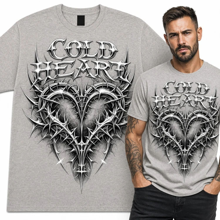 Koszulka męska „Cold heart” - chromowane serce z kolcami w stylu Y2K