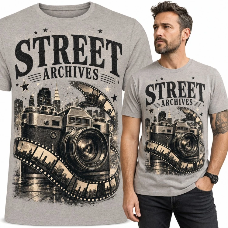 Koszulka męska „Street Archives” - retro aparat z kliszą dla fotografa