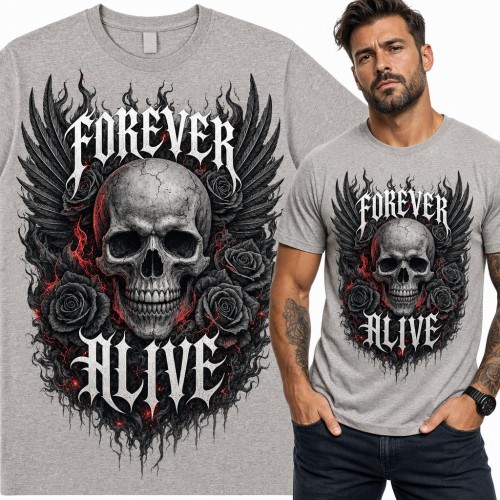 Koszulka męska z czaszką, skrzydłami i czarnymi różami „Forever Alive”