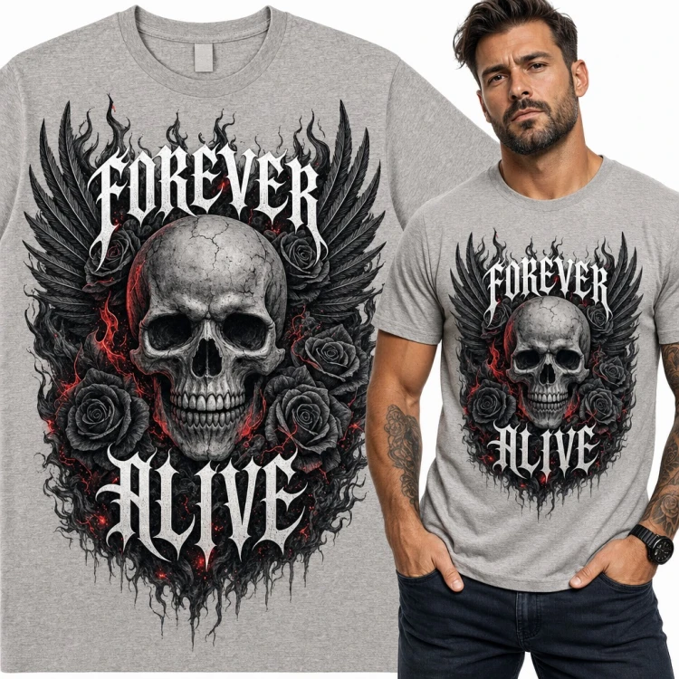 Koszulka męska z czaszką, skrzydłami i czarnymi różami „Forever Alive”