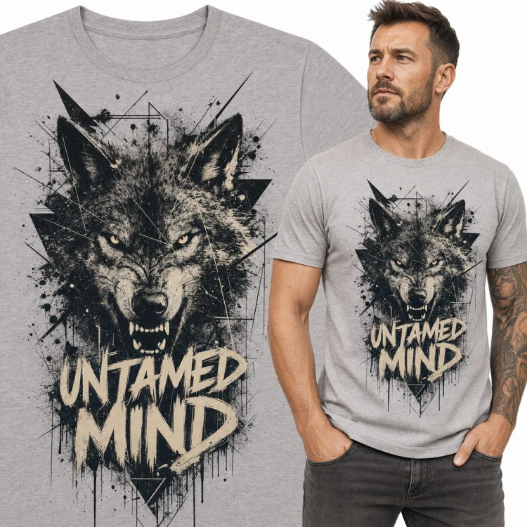 Koszulka męska z wilkiem „Untamed Mind” - warczący drapieżnik w stylu grunge