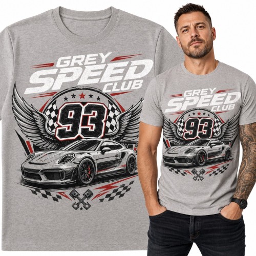 Koszulka męska „Grey Speed Club” - wyścigowe auto z numerem 93 i skrzydłami