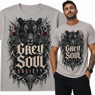 Koszulka męska z czarnym tygrysem i różami „Grey Soul Society” w stylu gotyckim