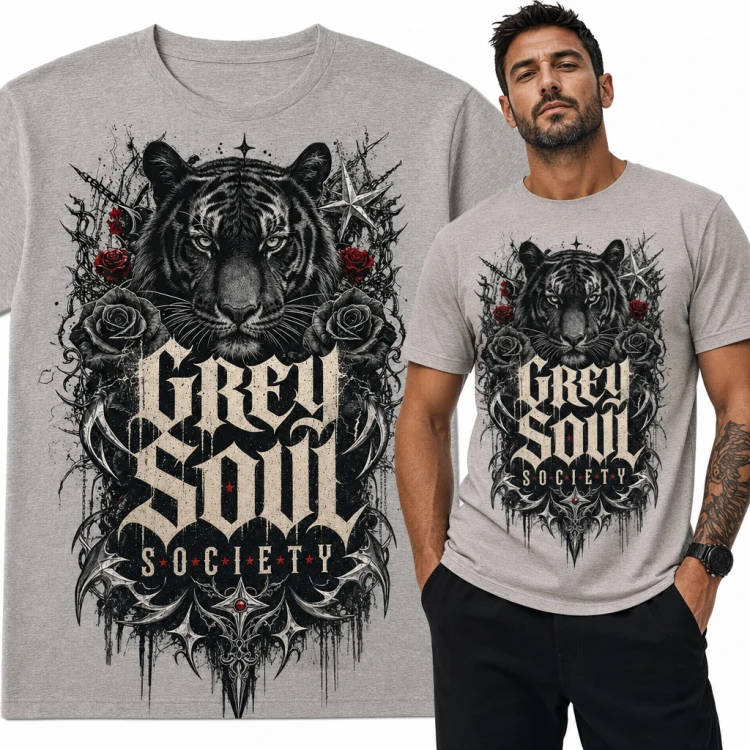 Koszulka męska z czarnym tygrysem i różami „Grey Soul Society” w stylu gotyckim
