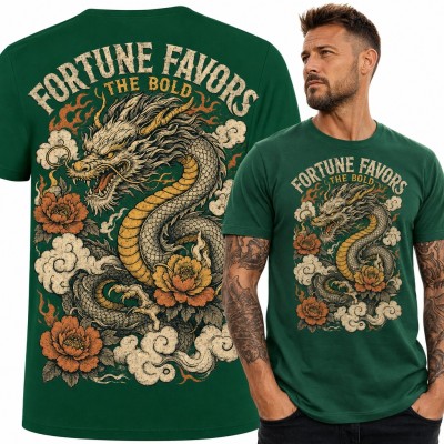 Koszulka męska ze smokiem wśród piwonii - „Fortune favors the bold”