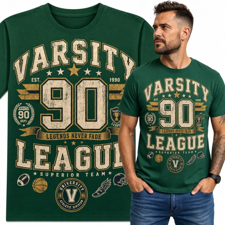 Koszulka męska „Varsity 90 League” - styl college z emblematami sportowymi