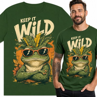 Koszulka męska z żabą w okularach „Keep it wild” - wyluzowana ropucha