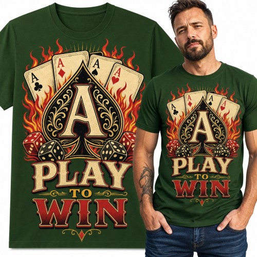 Koszulka męska z czterema asami i kośćmi w płomieniach „Play to win” - dla pokerzysty