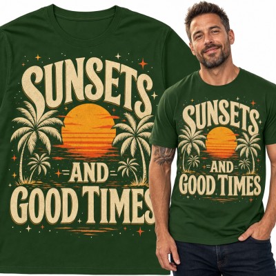 Koszulka męska retro zachód słońca z palmami „Sunsets and Good Times”