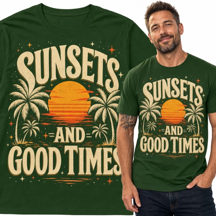 Koszulka męska retro zachód słońca z palmami „Sunsets and Good Times”
