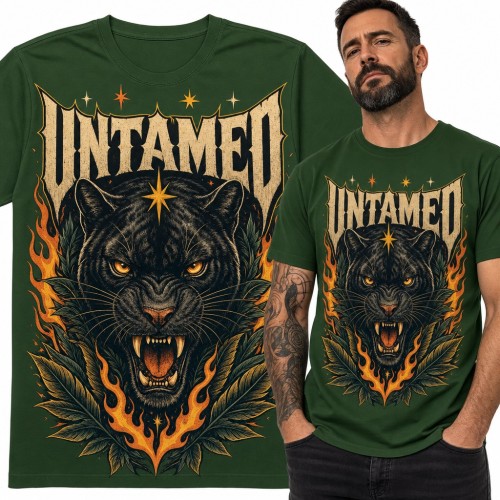 Koszulka męska z czarną panterą w ogniu i napisem „Untamed”