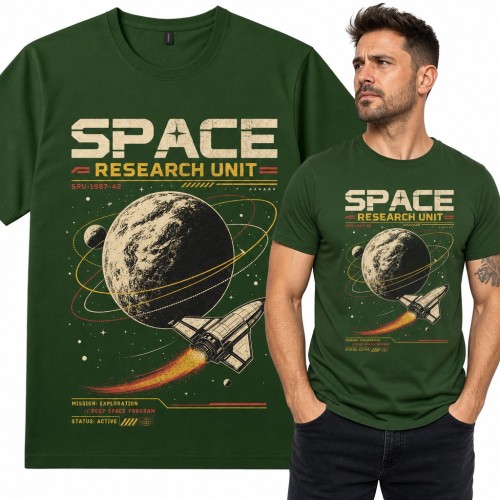 Koszulka męska „Space Research Unit” - prom kosmiczny i planeta z pierścieniami w stylu retro