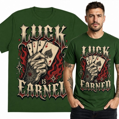 Koszulka męska „Luck is earned” - cztery asy w wytatuowanej dłoni dla pokerzysty