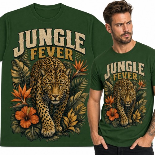 Koszulka męska „Jungle Fever” - lampart wśród tropikalnych liści i hibiskusów
