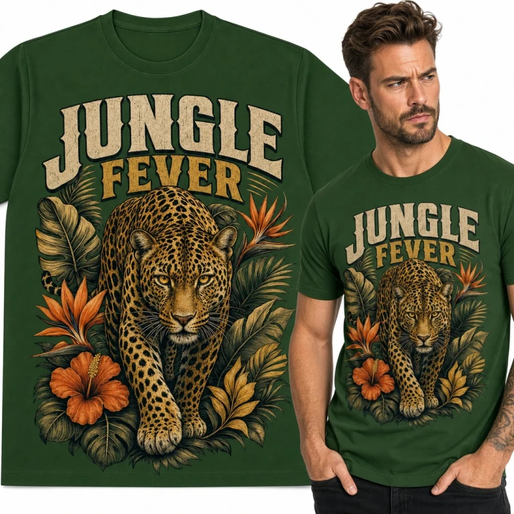 Koszulka męska „Jungle Fever” - lampart wśród tropikalnych liści i hibiskusów