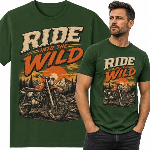 Koszulka męska „Ride into the wild” - retro motocykl enduro w górach dla motocyklisty