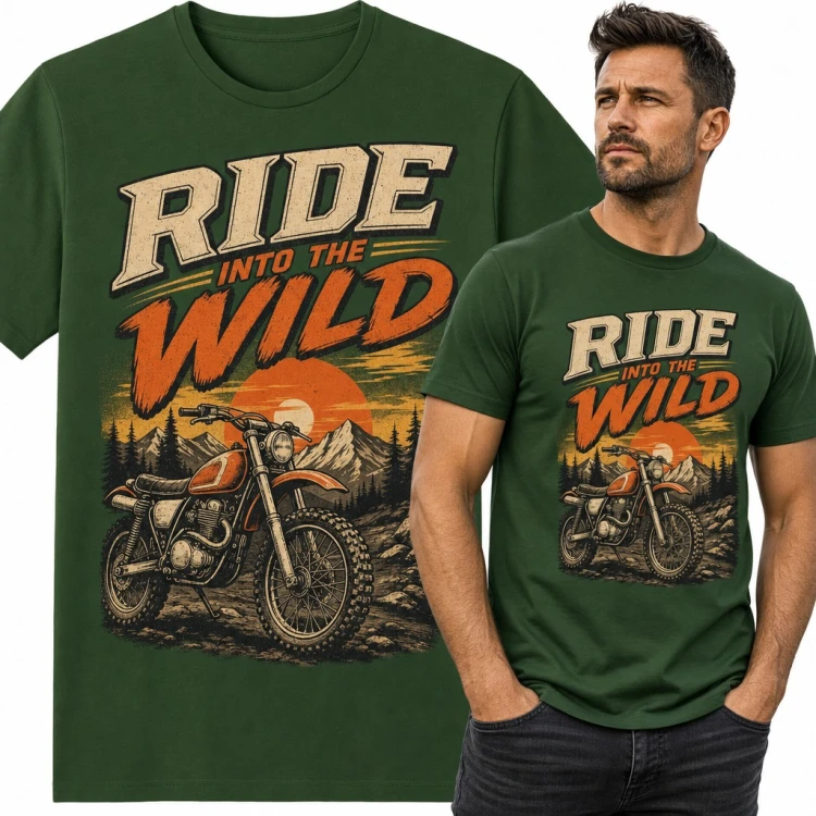 Koszulka męska „Ride into the wild” - retro motocykl enduro w górach dla motocyklisty
