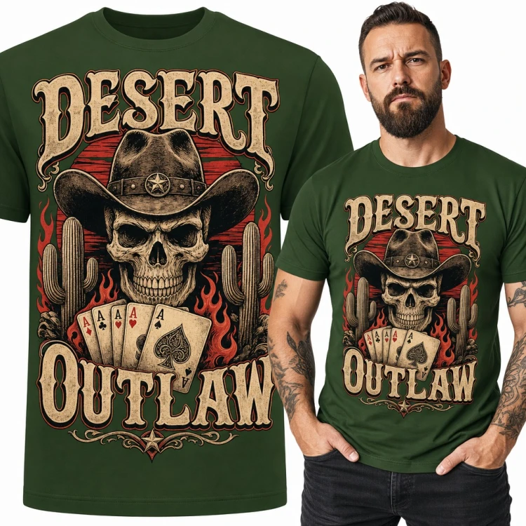Koszulka męska „Desert Outlaw” - czaszka kowboja z asami dla pokerzysty