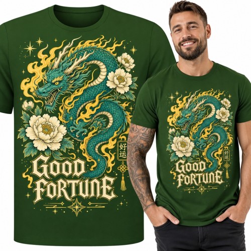 Koszulka męska „Good Fortune” - chiński smok wśród piwonii i złotych płomieni