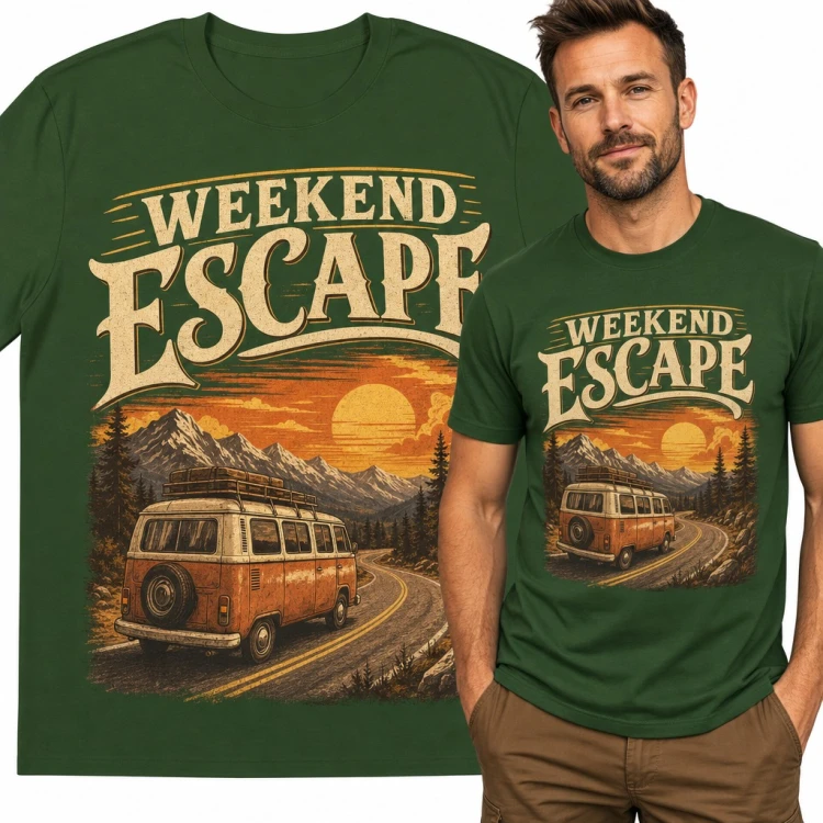 Koszulka męska „Weekend Escape” - retro van kempingowy w górach dla podróżnika