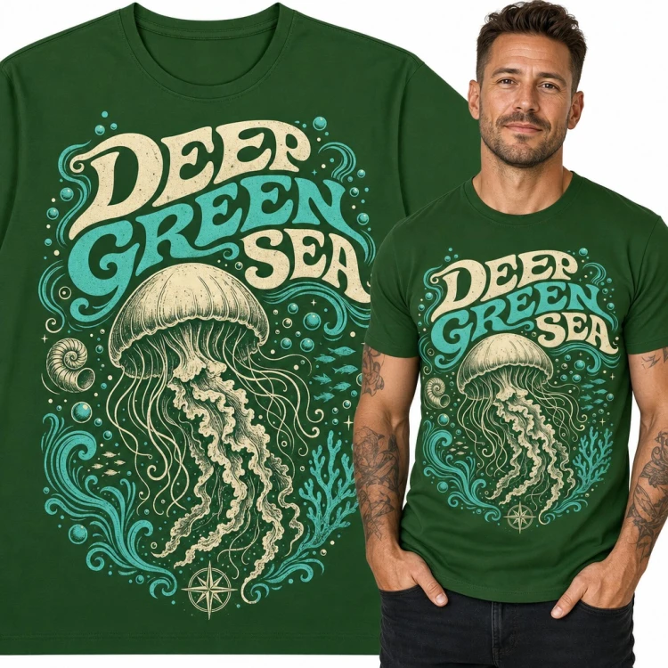 Koszulka męska „Deep Green Sea” - meduza w morskich głębinach w stylu retro