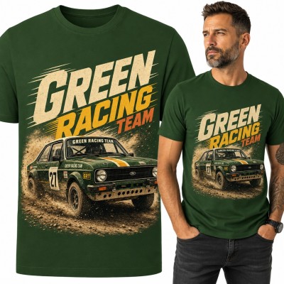 Koszulka męska „Green Racing Team” - retro rajdówka na szutrze dla fana rajdów
