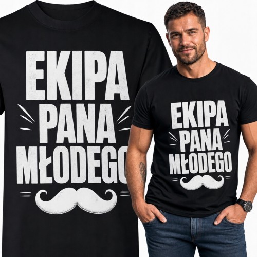 Koszulka męska „Ekipa pana młodego” z motywem wąsów