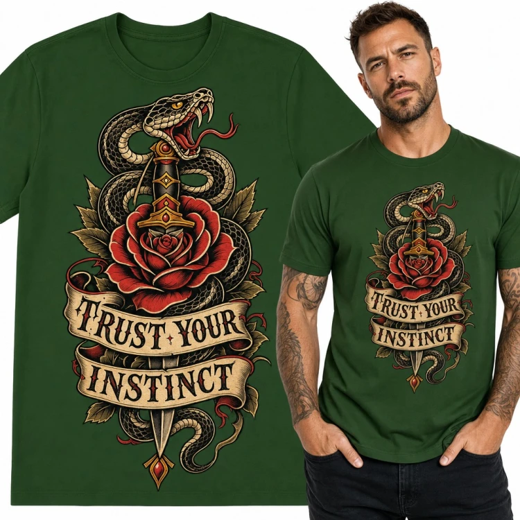 Koszulka męska wąż ze sztyletem i różą „Trust your instinct” - wzór tattoo old school
