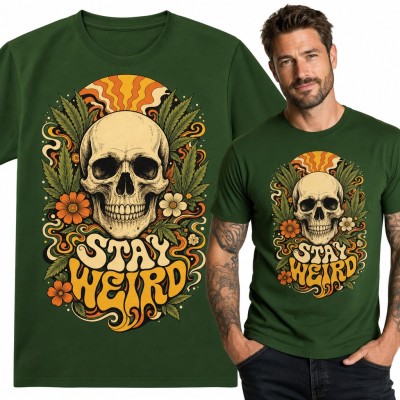 Koszulka męska z czaszką i liśćmi konopi „Stay weird” - psychodeliczne retro