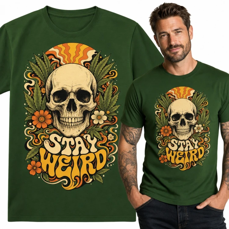 Koszulka męska z czaszką i liśćmi konopi „Stay weird” - psychodeliczne retro