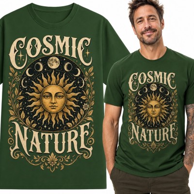 Koszulka męska „Cosmic Nature” - słońce z twarzą i fazy księżyca w stylu boho