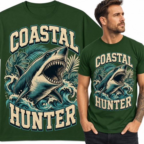 Koszulka męska „Coastal Hunter” - rekin z otwartą paszczą w falach