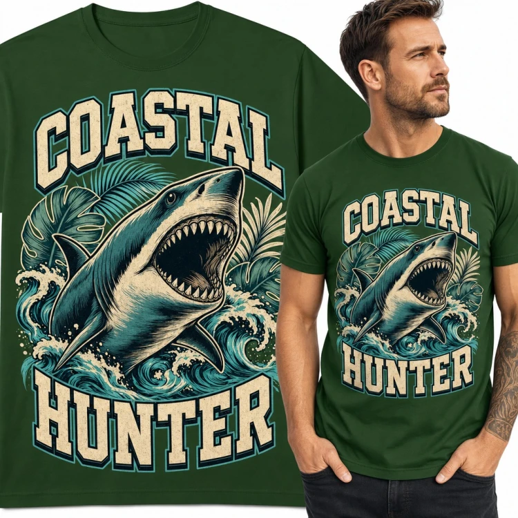 Koszulka męska „Coastal Hunter” - rekin z otwartą paszczą w falach
