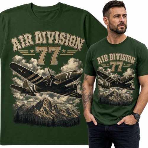 Koszulka męska „Air Division 77” - wojskowy samolot śmigłowy nad górami