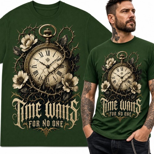 Koszulka męska z zegarkiem kieszonkowym w cierniach - gotycki napis „Time waits for no one”