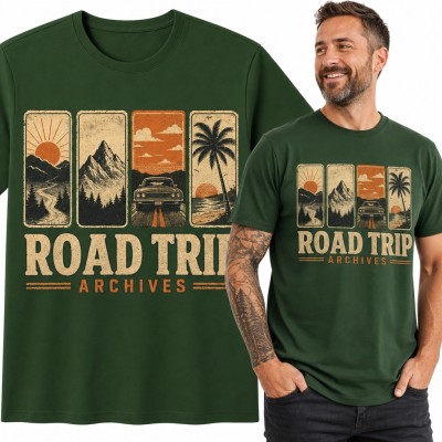 Koszulka męska „Road Trip Archives” - retro panele z autem, górami i palmą