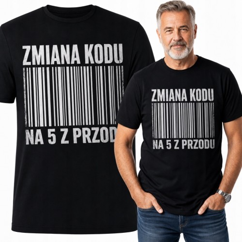 Koszulka męska na 50 urodziny „Zmiana kodu na 5 z przodu” - z kodem kreskowym
