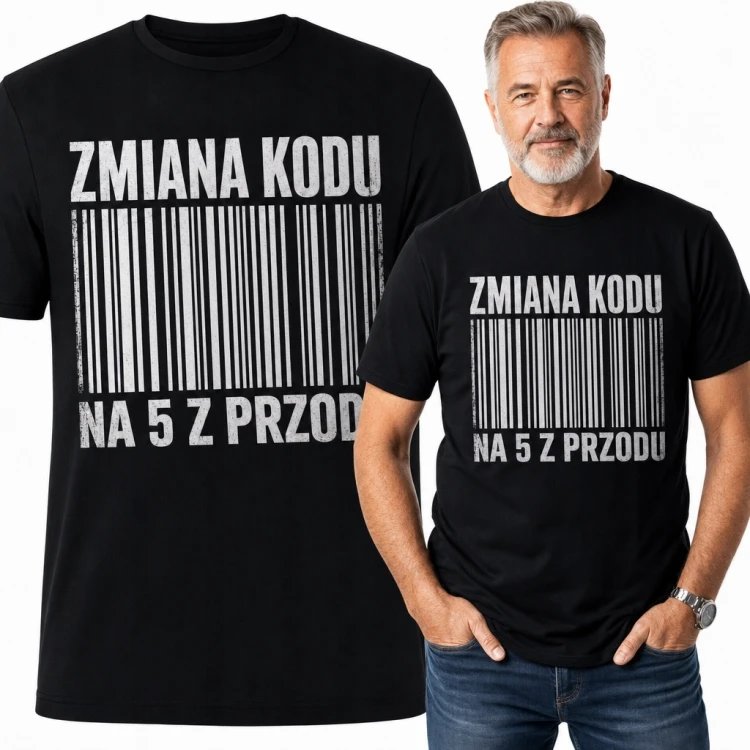 Koszulka męska na 50 urodziny „Zmiana kodu na 5 z przodu” - z kodem kreskowym