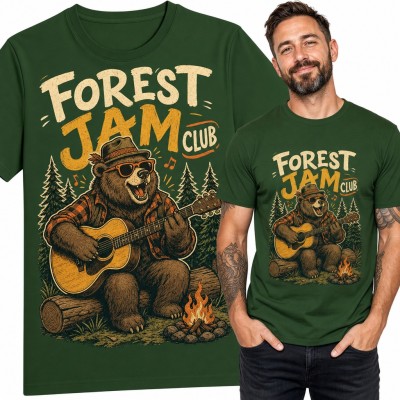 Koszulka męska „Forest Jam Club” - niedźwiedź z gitarą przy ognisku dla gitarzysty