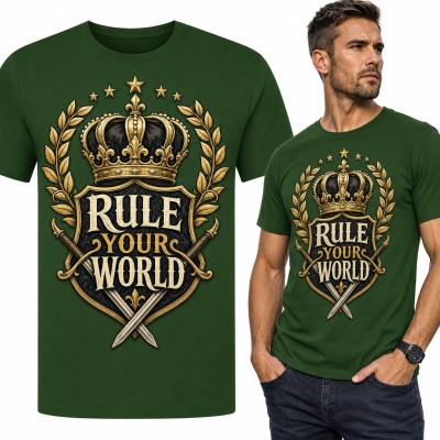 Koszulka męska „Rule your world” - złota korona, herb i skrzyżowane miecze
