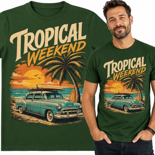 Koszulka męska „Tropical Weekend” - retro auto z deskami surfingowymi na plaży