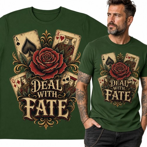 Koszulka męska z kartami i różą „Deal with Fate” - dla pokerzysty