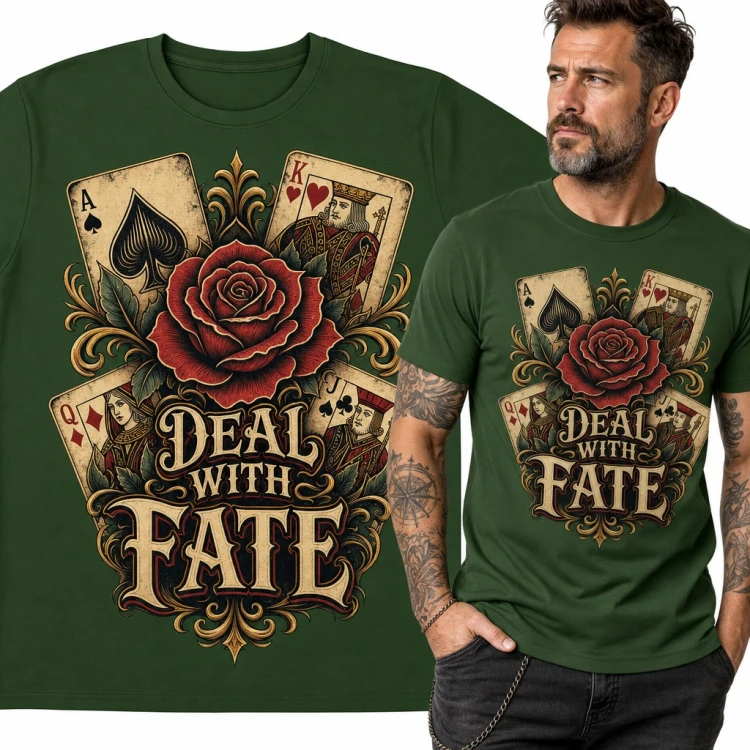 Koszulka męska z kartami i różą „Deal with Fate” - dla pokerzysty
