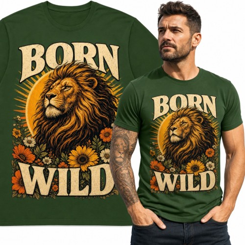 Koszulka męska z lwem „Born Wild” - grzywa na tle słońca i kwiatów