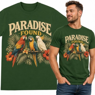 Koszulka męska z papugami ara i kakadu „Paradise Found” - tropikalne liście i hibiskusy