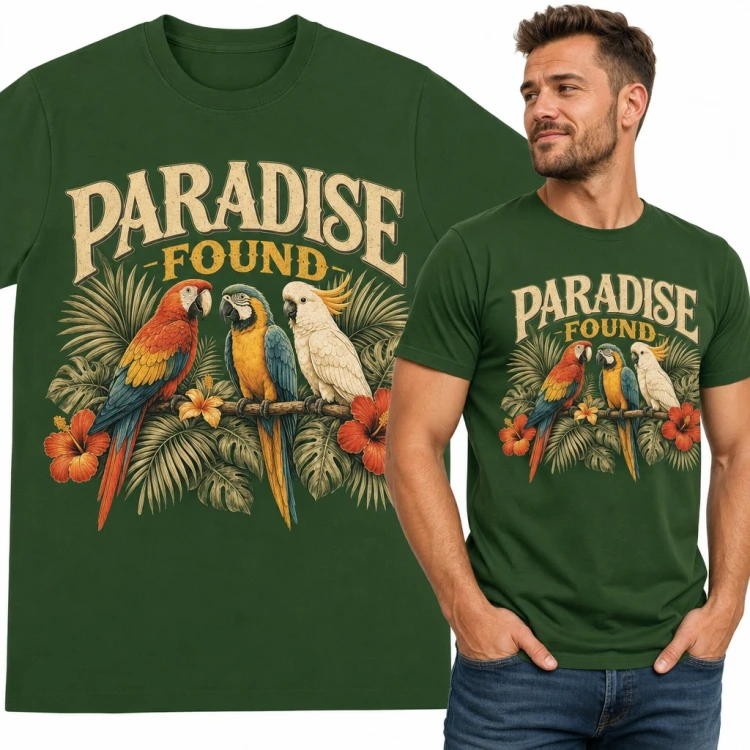 Koszulka męska z papugami ara i kakadu „Paradise Found” - tropikalne liście i hibiskusy