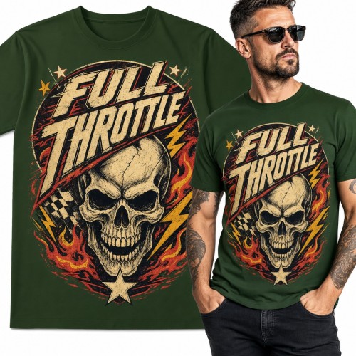 Koszulka męska „Full Throttle” - czaszka z flagą mety i płomieniami dla fana wyścigów