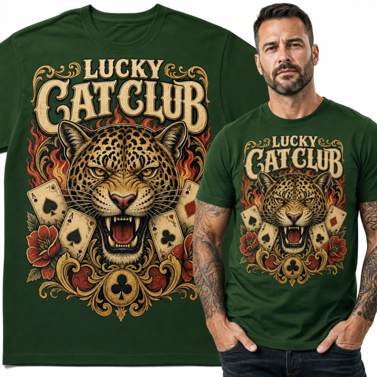 Koszulka męska „Lucky Cat Club” - ryczący lampart i asy pokerowe